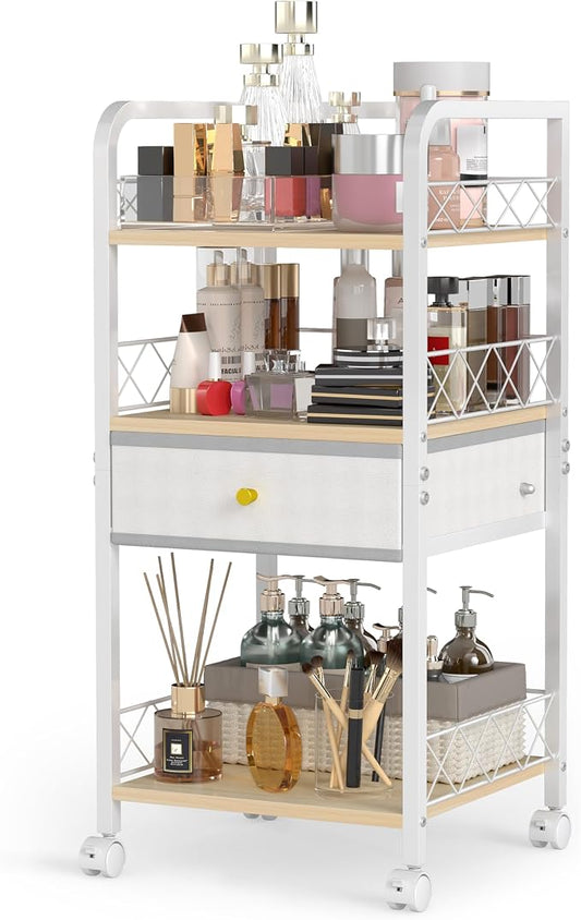 Makeup Organizer Rolling Cart with Drawer, Makeup Organizer on Wheels, Rolling Makeup Bathroom Storage Cart, Cosmetics Display for Nail Polish Makeup Brush