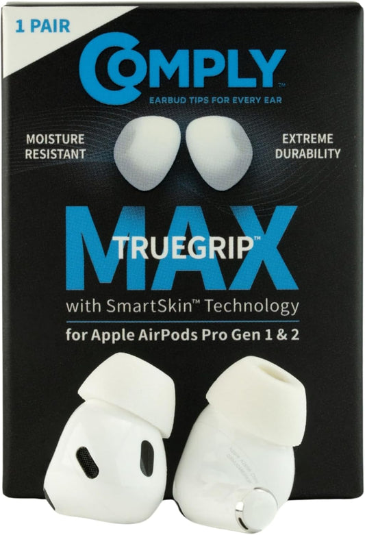 Comply TrueGrip MAX | Premium Memory Foam Replacement Earbud Tips for Apple AirPods Pro 1 & 2 | Long Lasting Comfort, Extreme Durability, Secure Fit, Superior Noise Isolation| White (Small) (1 Pair)
