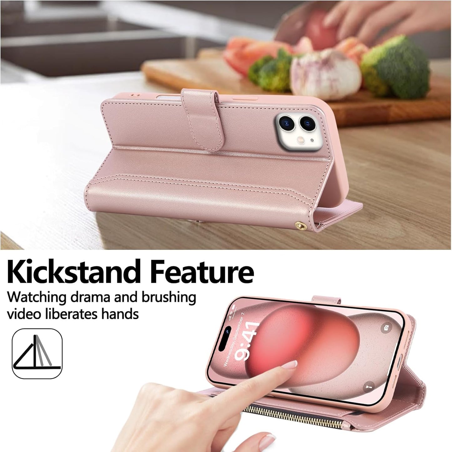 Compatible with iPhone 12/12 Pro Wallet Phone Case-PU Leather Magnetic Flip Cover with Credit Card Slots,Zipper Pocket & Detachable Wrist Strap,Shockproof Design,for Women and Men-Pink
