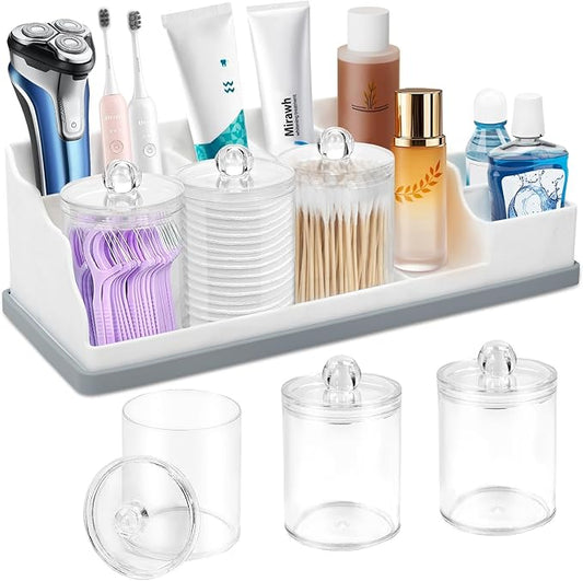 Bathroom Counter Organizer, Large White Silicone Toothbrush Holders for Bathrooms Organizer Countertop with 3PCS Qtip Holder, Toothbrush and Toothpaste Holder for Bathroom Organization Storage Vanity