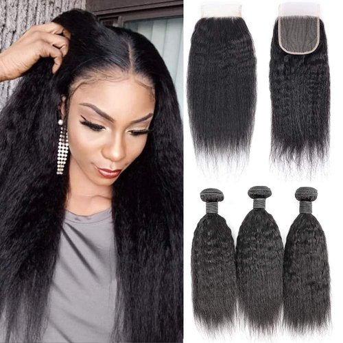 Datanala Kinky Straight Human Hair 3 Bundles with 4x4 Lace Closure Brazilian Virgin 100% Yaki Straight Human Hair Bundles With Closure Free Part(14 16 18+12NEW, 3 bundles+4x4)