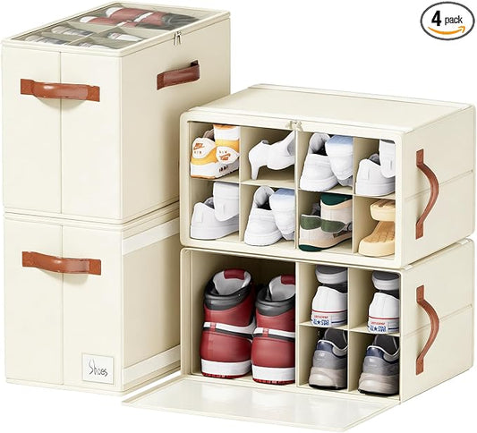 4 Pack Shoe Organizer for Closet, Space Saving, Beige | Fits 16-32 Pairs, Adjustable Dividers, Clear Cover, Reinforced Handles, Stackable & Foldable Shoe Storage Box