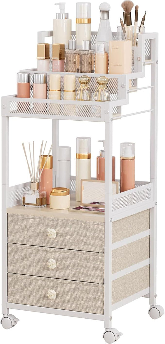 Makeup Organizer Storage with Drawers, 13 Inch Bathroom Stand Large Floor Rolling Skincare Organizer Cart, 3-Tier Vanity Tray Stand for Cosmetics, Nail Polish, Perfume Display Cases Holder