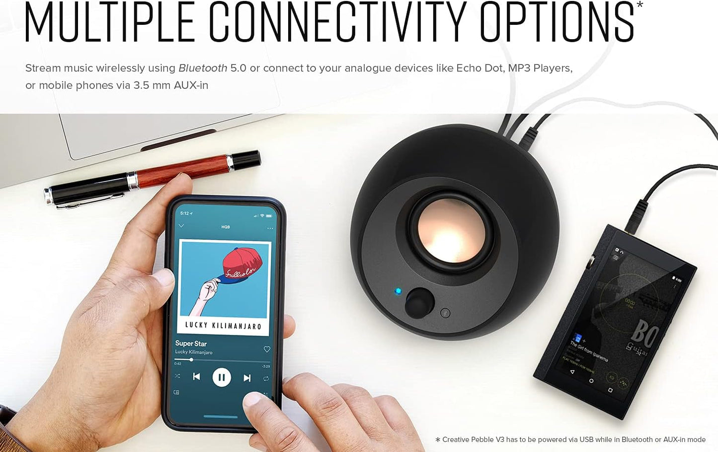 Creative Pebble V3 Minimalistic 2.0 USB-C Desktop Speakers with USB Audio, Clear Dialog Enhancement, Bluetooth 5.0, 8W RMS with 16W Peak Power, USB-A Converter Included (White)