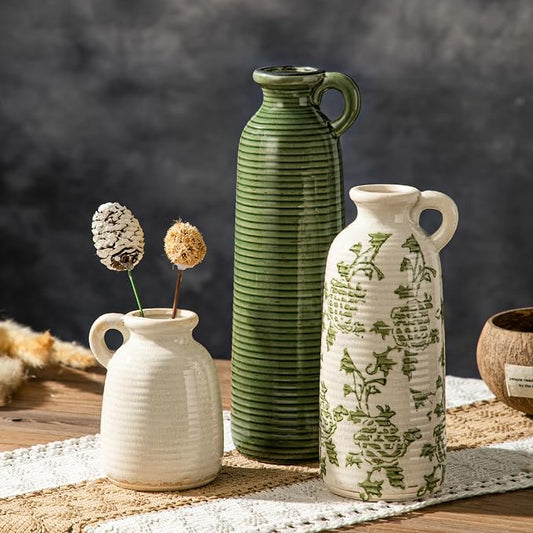 Ceramic Vases Set of 3, Farmhouse Country Flower Vase Home Decor,Living Room Kitchen Bathroom Decoration, Table Centerpieces, Shelf and Entrance Decorations-Multicolor.