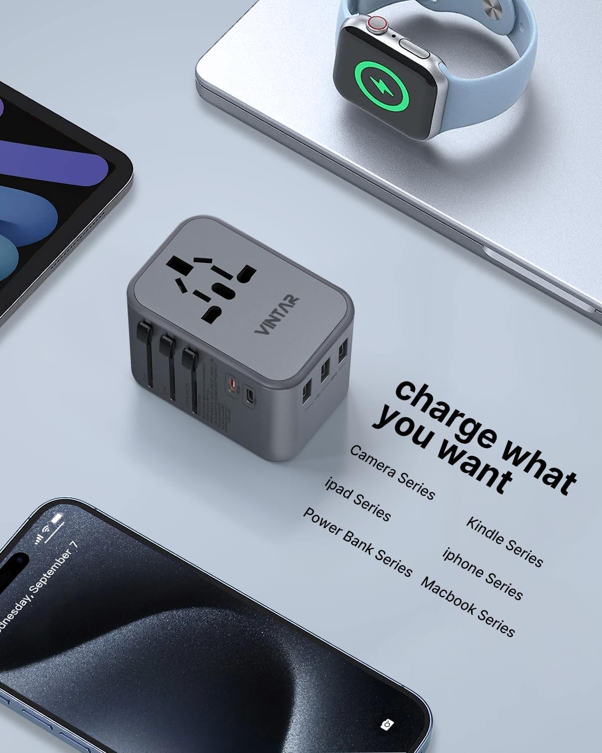 Universal Travel Adapter, VINTAR 35.5W International Power Adapter with 3 USB A QC and 2 USB C PD, All in One Plug Adapter Worldwide Travel Essentials for EU/UK/USA/AUS(Type C/G/A/I), Silver