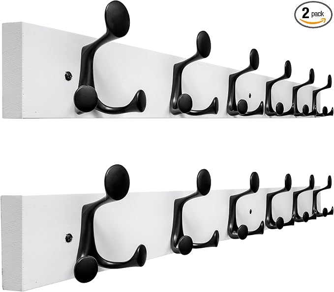 SKOLOO 36-Inch White Wood Coat Rack Wall Mount with 6 Triple Hooks - Ideal for Family Entrances, Classrooms, and Pet Supplies Storage - Perfect Coat Hooks for Wall, Pack of 2