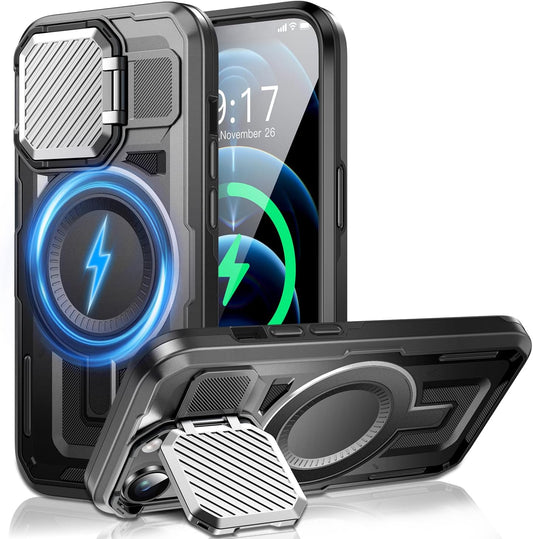 Camera Stand Case for iPhone 12 Pro Max, [Compatible with MagSafe] [Lens Cover] 2024 Version Military Grade Protective Soft Case for iPhone 12 Pro Max 6.7 inch Men Women, Black