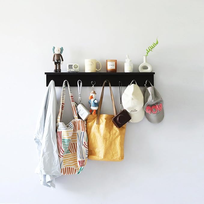 Entrance Coat Rack ，Coat Hooks, Wall-Mounted Wooden Hook Rack, Wall-Mounted Shelves are Very Suitable (Black Color Finish—A-1)