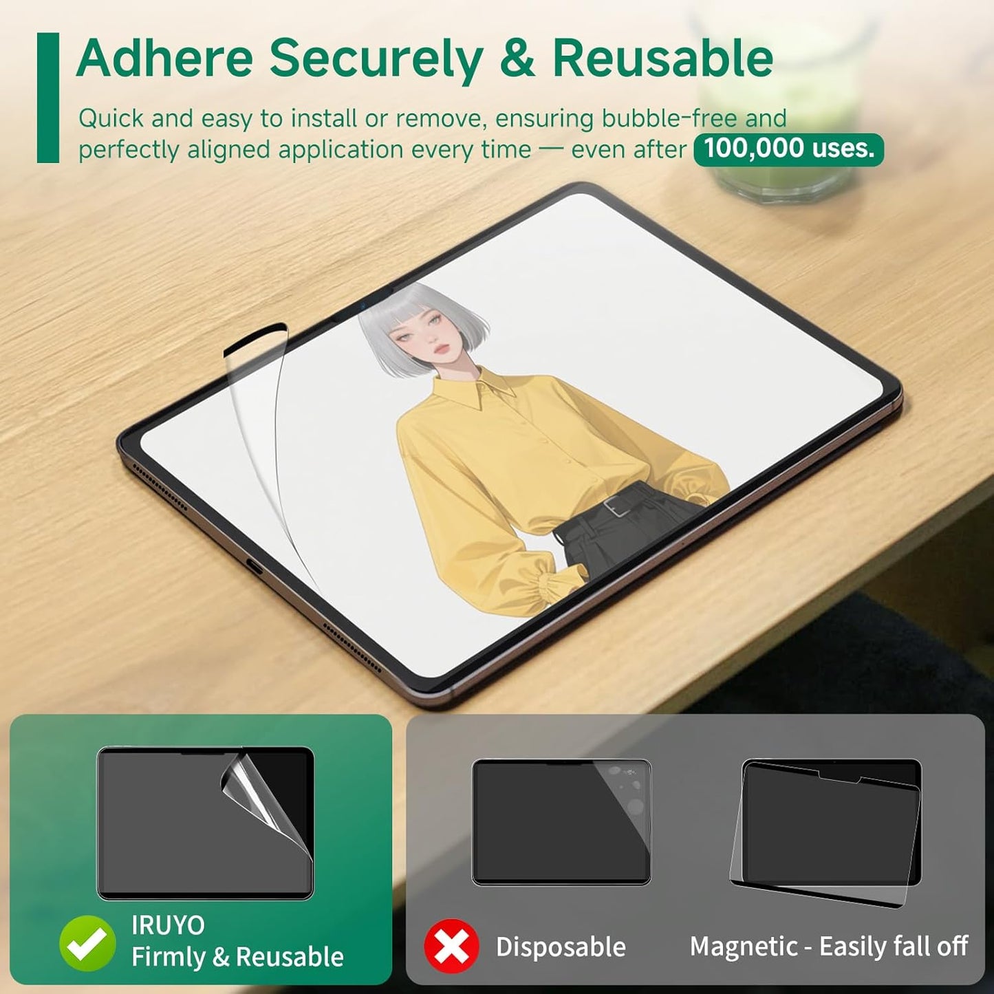 Nano-Suction Paper Feel Screen Protector for iPad Air 11 Inch M3/M2 (7th/6th Gen, 2025/2024), Removable, Reusable, Write as Real Paper, Anti Glare, Stable, Matte Finish
