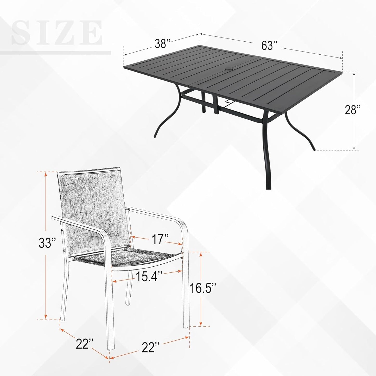 7-Piece Outdoor Patio Dining Set, 6 Stackable Patio Chairs & Rectangular Dining Table with All Weather Frame Furniture Set - Black