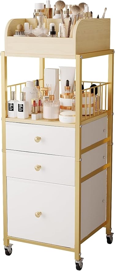 Makeup Organizer Cart with Drawers, Floor Skincare Organizers Make Up Organizers-Vanity Organizer Cosmetic Display Cases Holder for Skin Care Perfume Nail Polish Brush Hair Tool（Gold）
