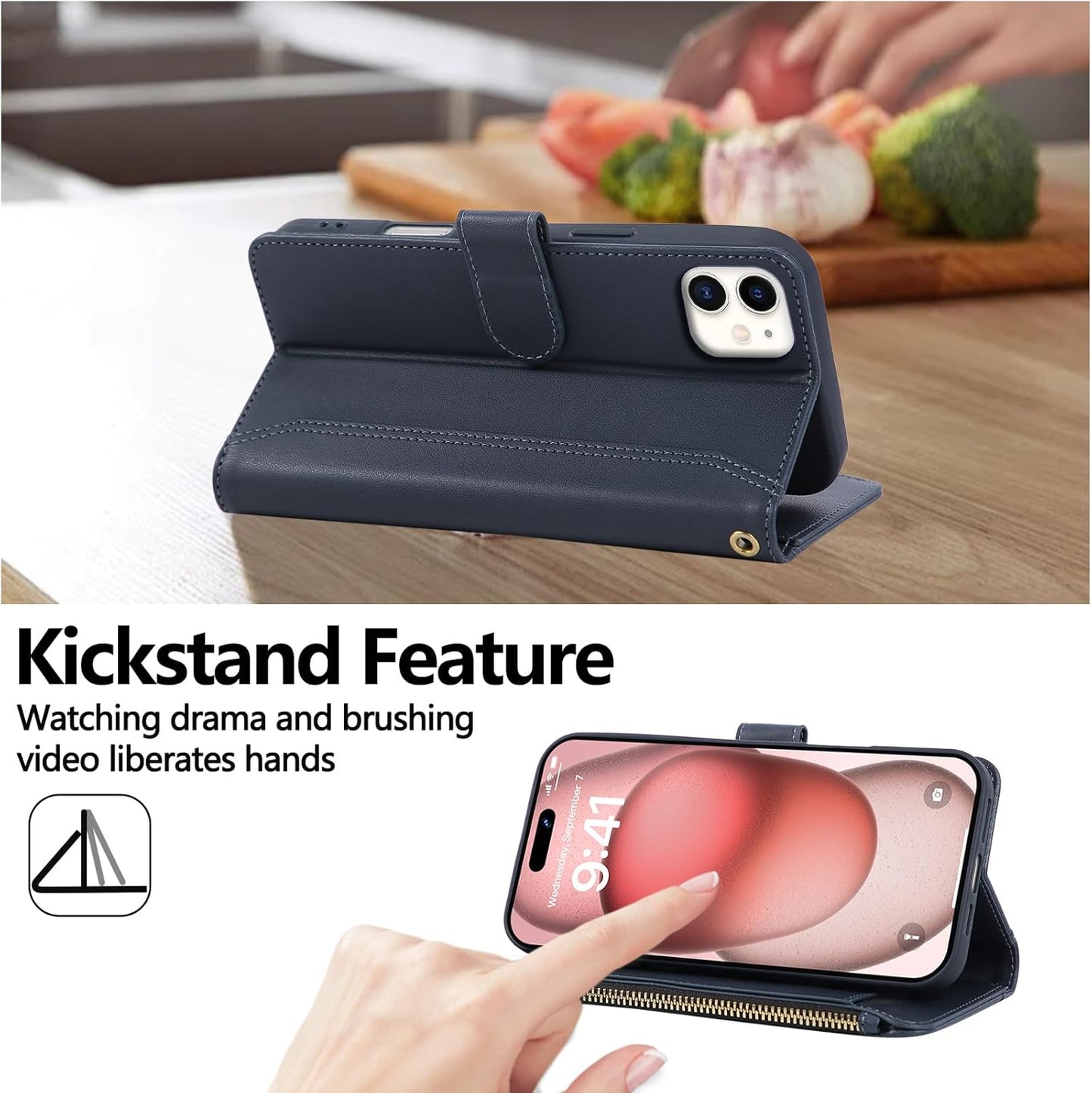 Compatible with iPhone 12/12 Pro Wallet Phone Case-PU Leather Magnetic Flip Cover with Credit Card Slots,Zipper Pocket & Detachable Wrist Strap,Shockproof Design,for Women and Men-Navy Blue