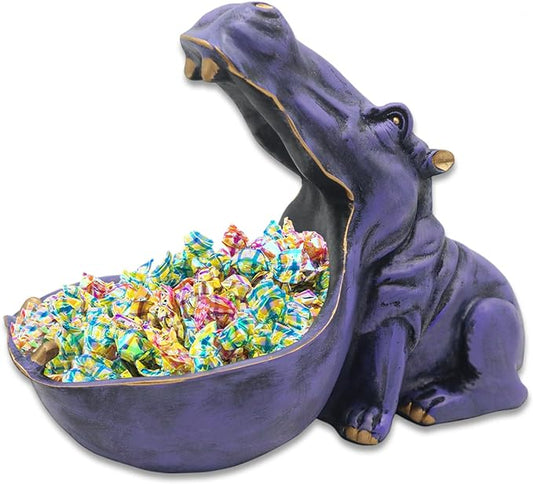 aboxoo Hippo Statue Home Resin Hippopotamus Figurine Fun Candy Dish,Key Bowl,Big Mouth Sculpture Table Art Decoration Sundries Container Storage Box (Purple)