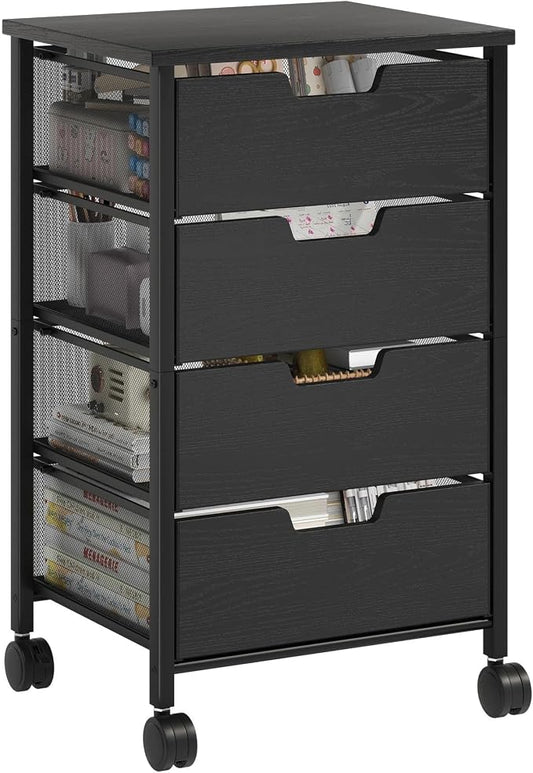 Rolling Cart with Drawers, Wooden Top and Front, with Wheels Metal Under Desk Storage Cart with 4 Drawers, for Office, Bedroom, Classroom, Home, Black