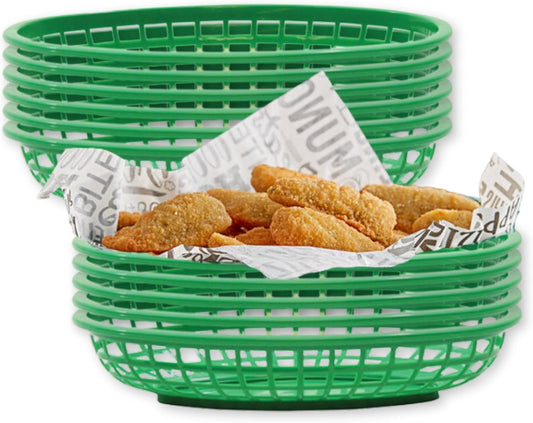 TableCraft C1074G Oval Cash and Carry Basket, Green, Stackable Plastic Food Baskets, 9.31" x 6.18" x 1.88", Pack of 12, Dishwasher Safe
