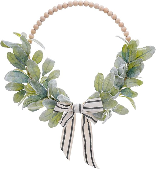 Wood Bead Lambs Ear Wreath - 13 Inch Artificial Greenery Leaf Wreaths Boho Wall Hanging Decoration for Spring Summer Modern Natural Home Farmhouse Porch Indoor Outdoor Wedding Decor