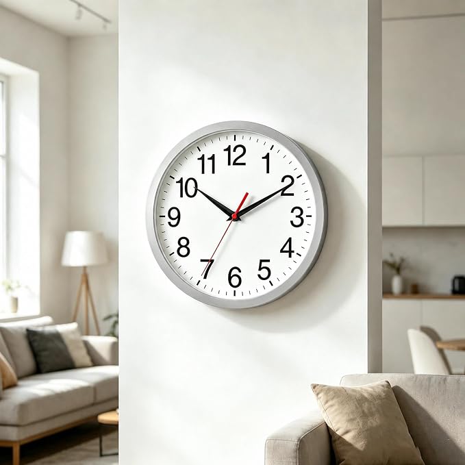 Rohioue 14 Inch Wall Clock Modern Battery Operated Silent Non Ticking Analog Clock Decorative for Bedroom Kitchen Bathroom Office Home Living Room (Silver)