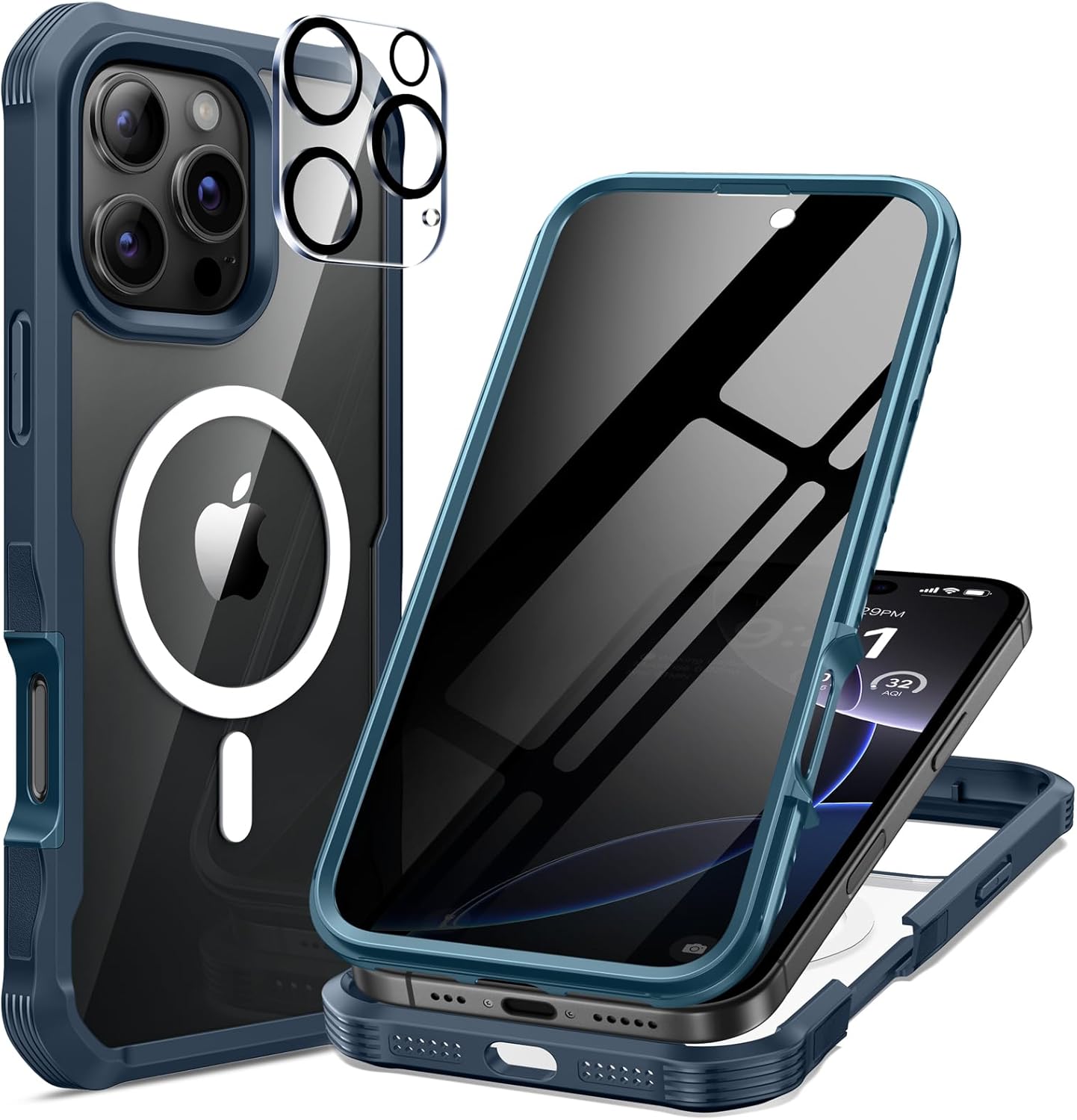 seacosmo for iPhone 16 Pro Max Case, Full Body Bumper with Built-in 9H Tempered Glass Privacy Screen Protector and Camera Lens Protector, Compatible with MagSafe, Shockproof Phone Cover, 6.9", Blue