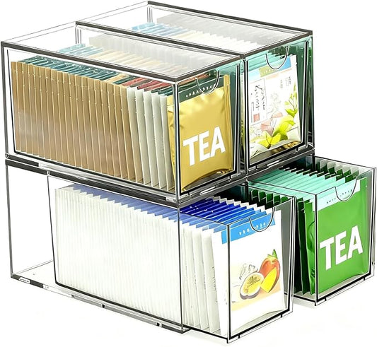 4 Pack Stackable Tea Bag Storage Organizer Drawers – Clear Acrylic Tea Bag Holder for Cabinet, Drawer, Pantry, Countertop – Kitchen Tea Storage Container