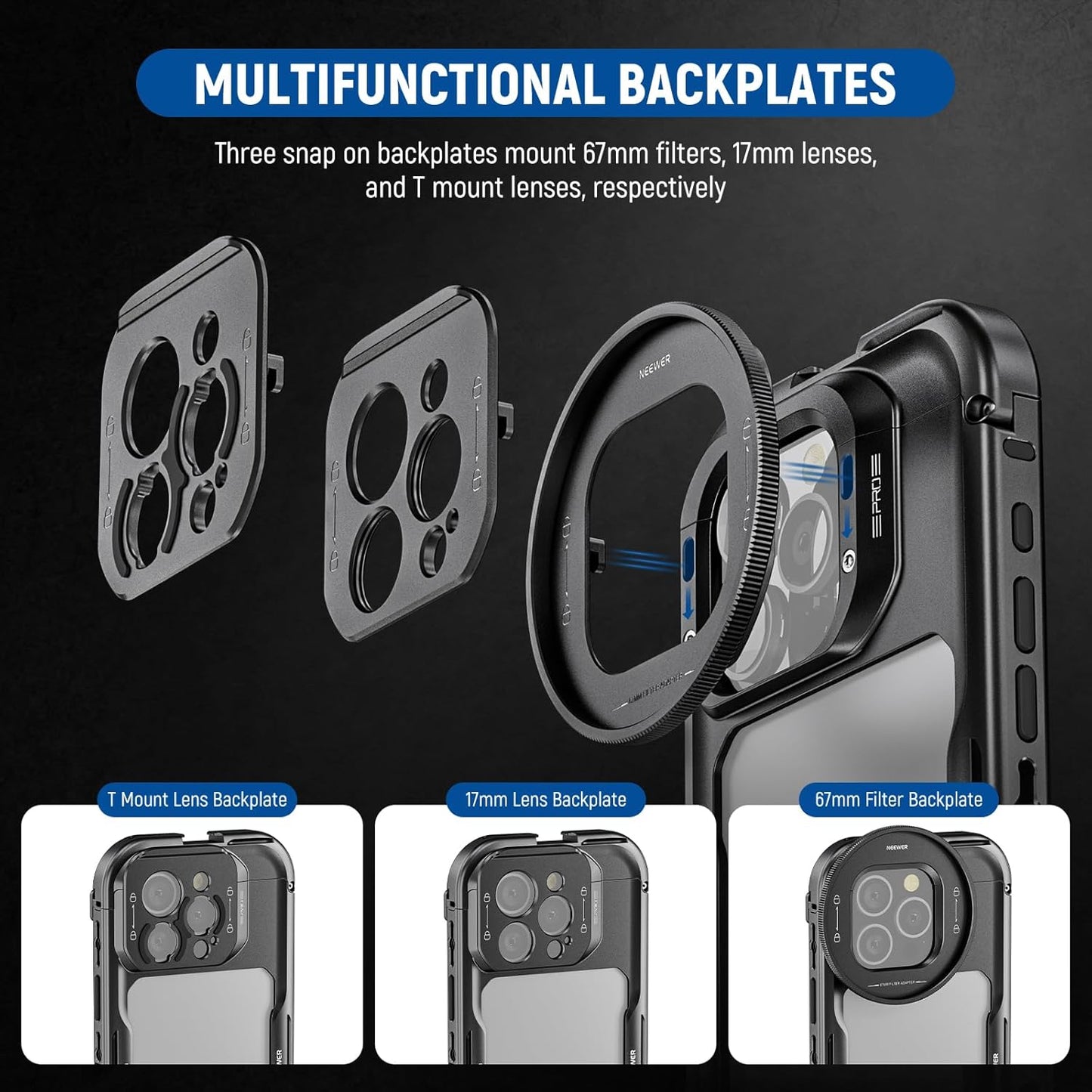 NEEWER 16 Pro Cage with Two Quick Release Side Handles, Phone Video Rig Kit with 67mm Filter Adapter, 17mm Lens Mount, T Mount Lens Adapter Compatible with iPhone 16 Pro (PA073+PA045E+PA045B)
