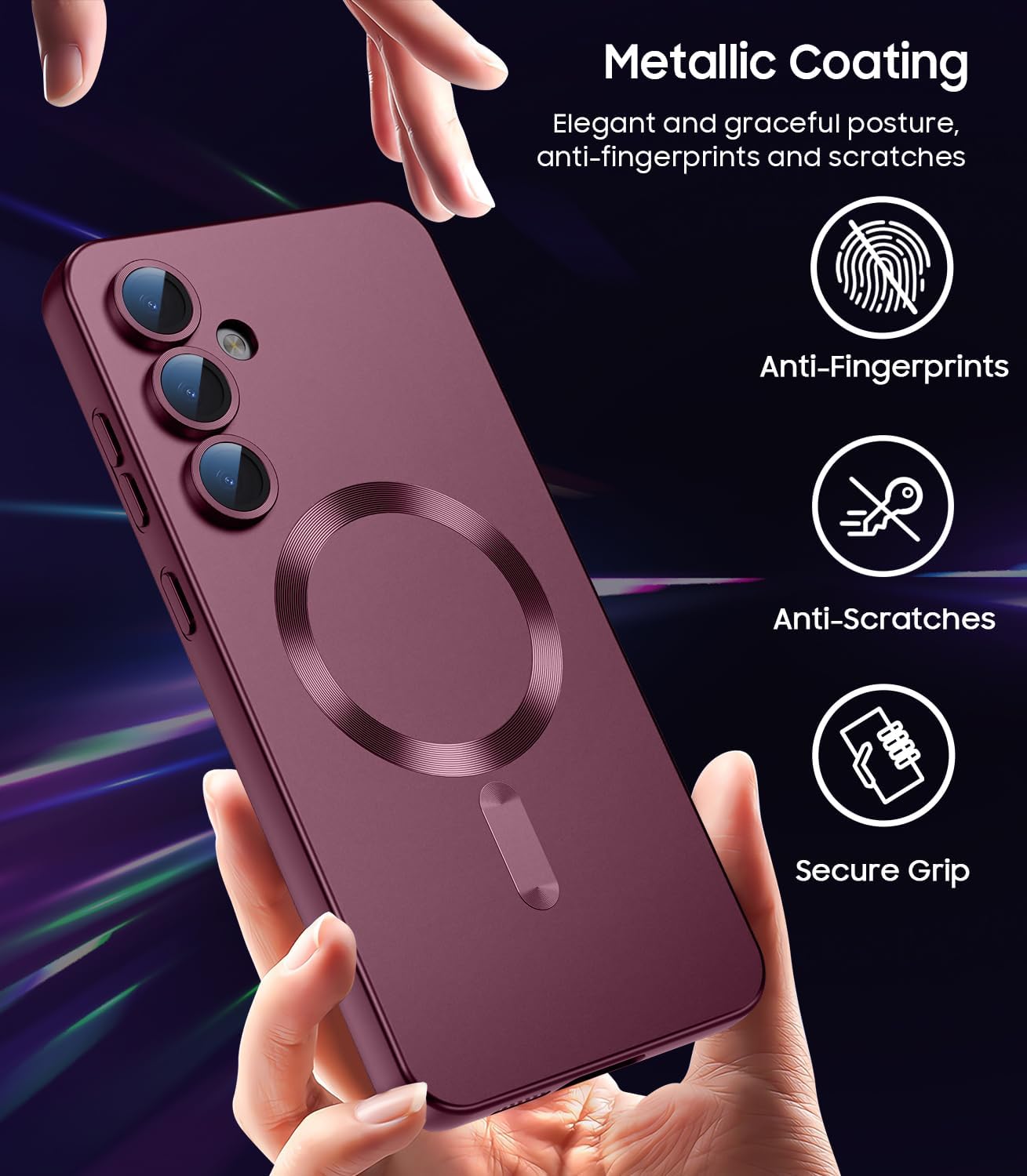 Magnetic for Samsung Galaxy S25 Plus Case [Compatible with MagSafe][Built-in Camera Lens Protector] Slim Soft Silicone Bumper Shockproof Metallic Luster Phone Shell (Burgundy)