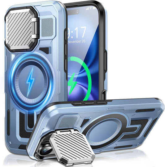Camera Stand Case for iPhone 16, [Compatible with MagSafe] [Lens Cover] 2024 Version Military Grade Protective Soft Case for iPhone 16 6.1 inch Men Women, Blue