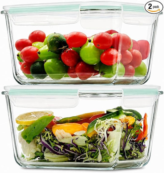 2 Pack Large Glass Storage Containers with Lids 85oz/10.5cup Big Airtight Glass Food Storage Containers for Rotisserie Chicken Watermelon Meal Prep, BPA Free, Freezer Dishwasher Oven Safe