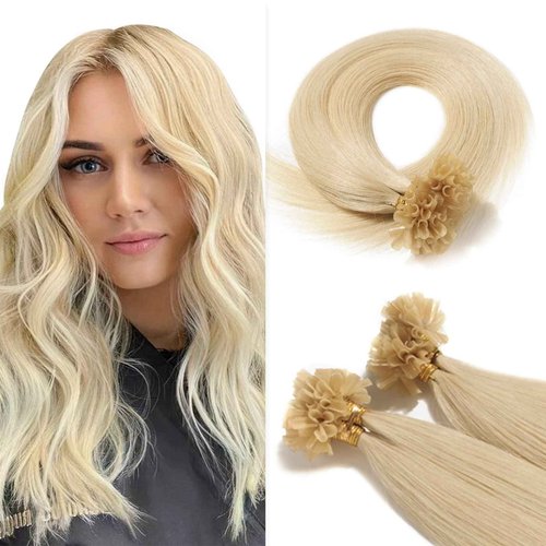 Benehair U Tip Hair Extensions Real Human Hair #60 Platinum Blonde Straight 22 Inch Keratin Hair Extensions Hot Fusion for Women 100 Strands Pre Bonded Silky Invisible Remy Human Hair 50g
