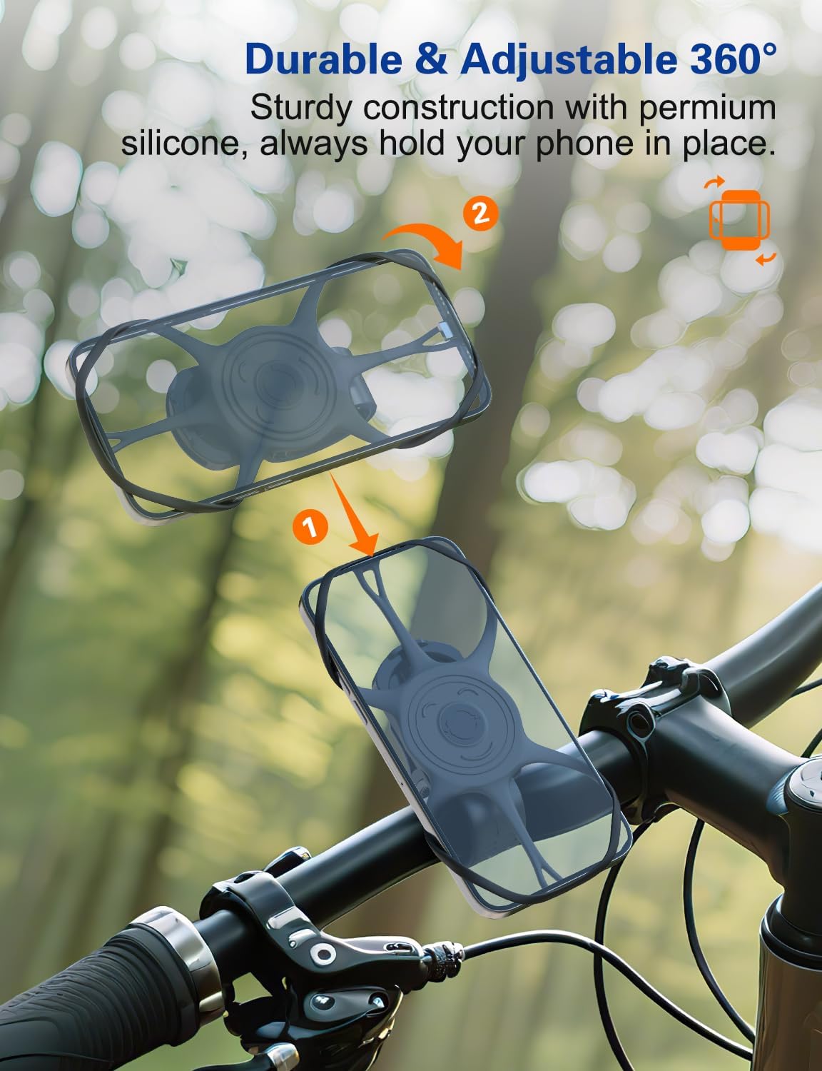Bike Phone Holder, Motorcycle Cell Phone Mount- 360° Rotatable, Silicone Bicycle Phone Mount for Motorcycle Bicycle Scooter, for 15 Pro Max / 14/13, S10 and More 4.7-6.8" Phone"