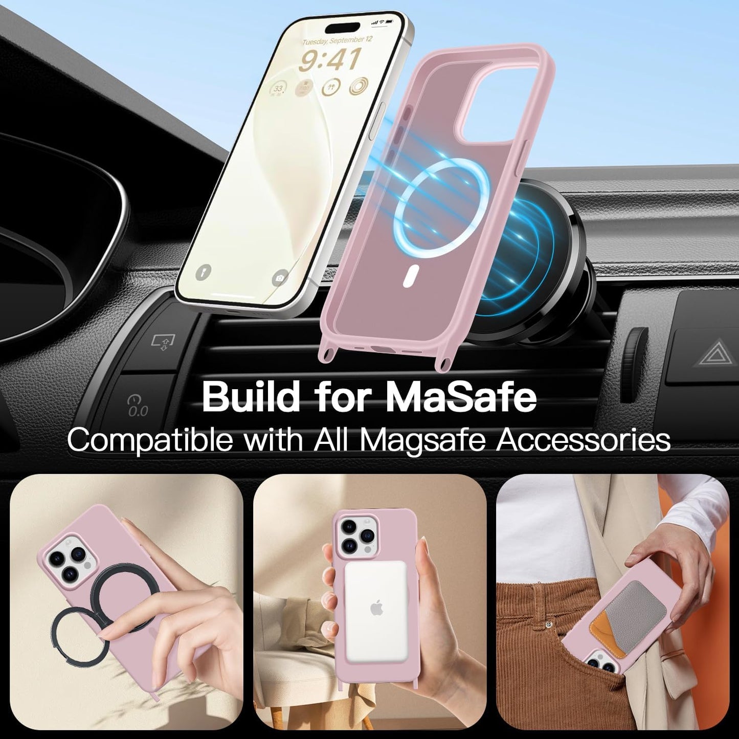 for iPhone 16 Pro Case with Lanyard [Compatible with MagSafe], Crossbody Phone Case with Neck Strap Adjustable, Magnetic Phone Cover for iPhone 16 Pro 6.3'' Pink