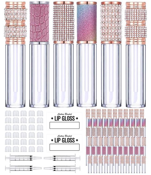 AMORIX 72pcs 5ml Diamond Lip Gloss Tubes With Wand - Empty Rhinestone Containers, Crystal Bottles, Supplies Kit - 4 Syringes + Labels for DIY Base
