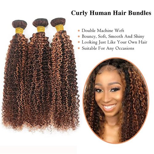 Giginger Jerry Curly Human Hair Bundles 18 20 22 Inch Brazilian Chocolate Brown Highlight P4/30 Jerry Curly Bundles Human Hair 100% Unprocessed Raw Quick Weave Hair for Black Women