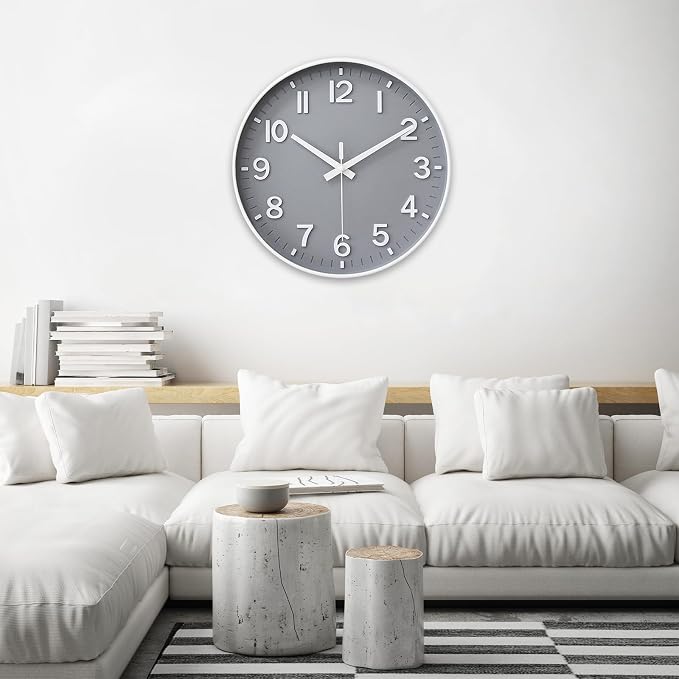 HZDHCLH Wall Clocks Battery Operated,Wall Clock Gray,10 inch Wall Clock Silent Non Ticking Modern 3D Numbers for Kitchen Bedroom Living Room Office Classroom Decor