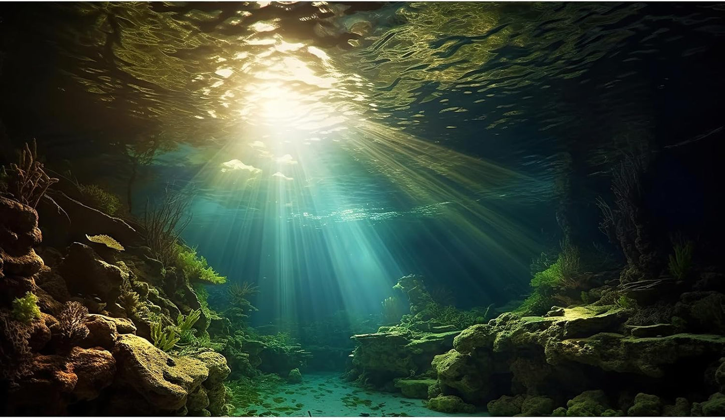 Fish Tank Background Under The Sea Aquarium Background Ocean Floor Sunray Rock Terrarium Backgrounds Coral Reef Aquatic Plants Underwater Cave Aquarium Wallpaper for Fish Tank Decorations 72x24in