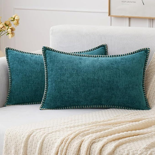 MIULEE Pack of 2 Lumbar Throw Pillow Covers 12x20 Inch Dark Teal Farmhouse Decorative Pillow Covers with Stitched Edge Soft Chenille Solid Dyed Pillow Covers for Couch Sofa Bed Living Room