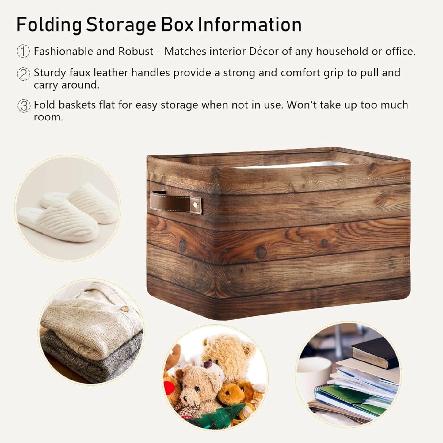 Wood Print Rectangular Retro Vintage Storage Basket Organizer Bin Shelf Baskets For Clothes Gifts For Home Office Dorm