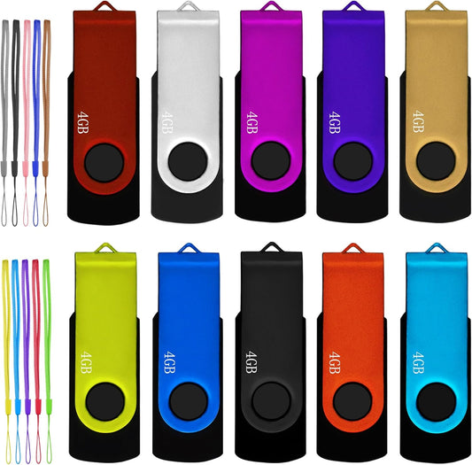 4GB USB Flash Drive 10 Pack, Nicepicten USB 2.0 Thumb Drives Zip Drive USB 4GB Memory Stick Swivel Pendrive Jump Drives Multipack with 10PCS Lanyard for Events Office (Colorful 10Pack 4 GB)