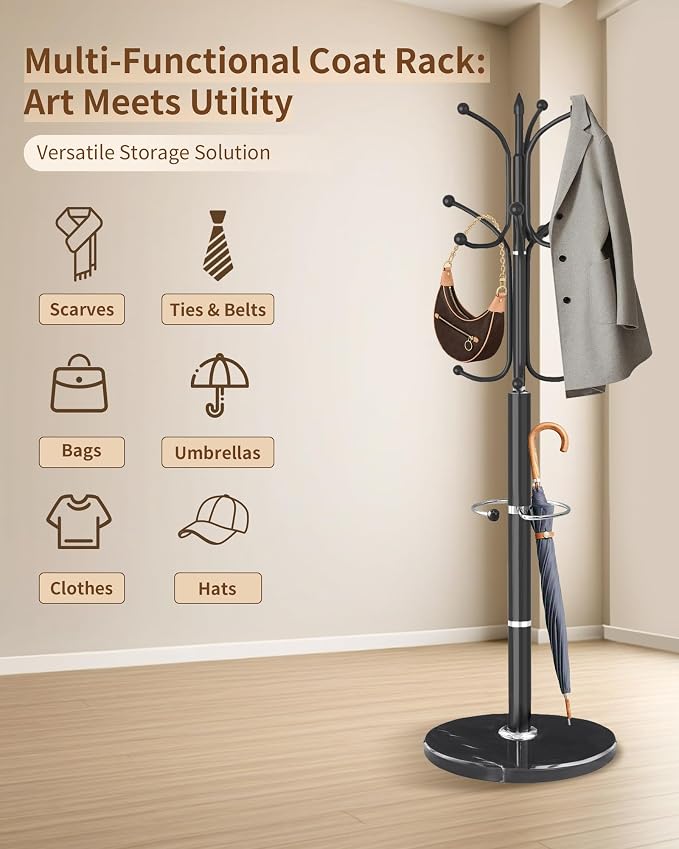 Modern Coat Rack Stand, Metal Freestanding Coat Rack with Natural Marble Base, Heavy-Duty Coat Racks with Umbrella Holder,Black Coat Hanger Stand with 12 Hooks for Office, Entryway, Hallway