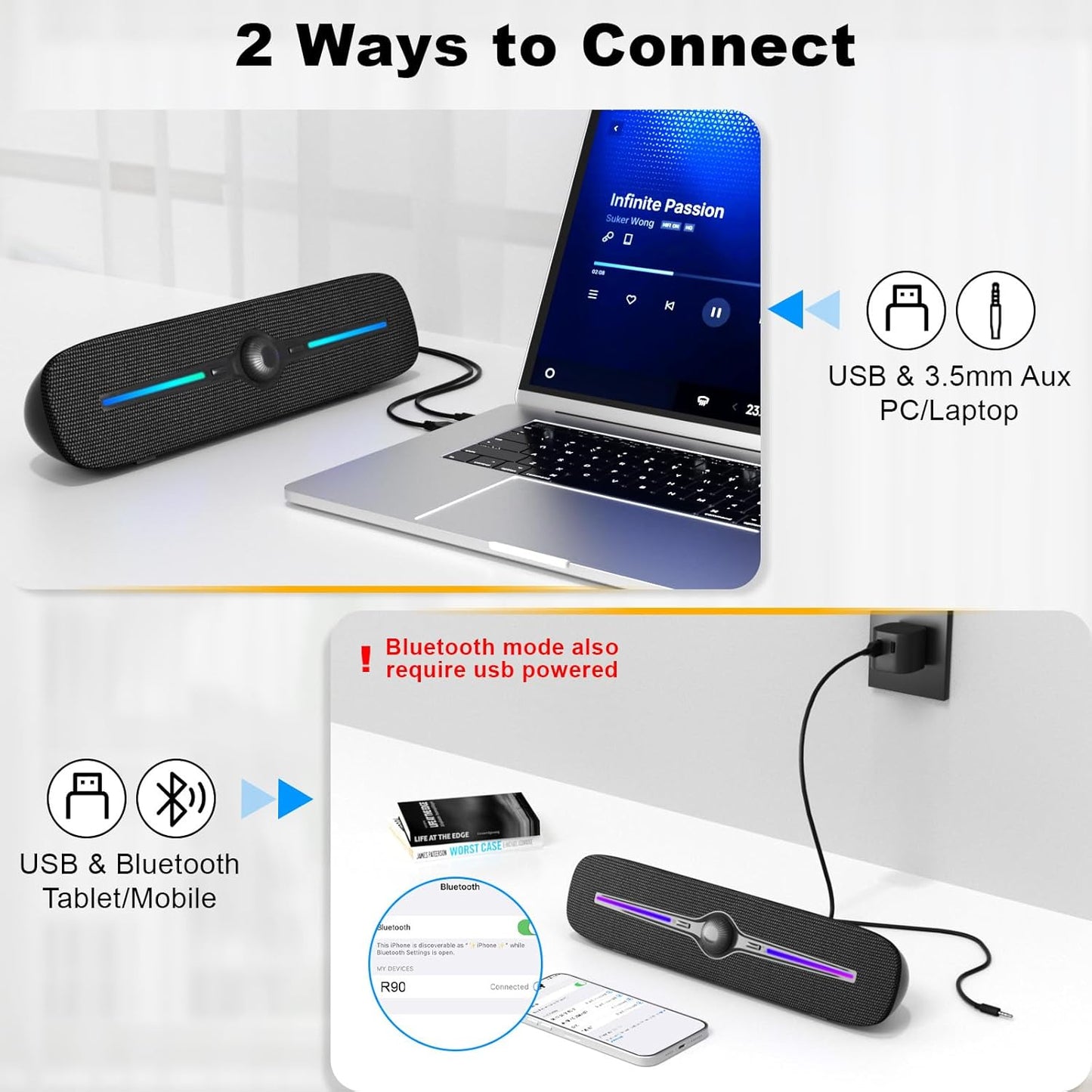 SOULION R90 Bluetooth Computer Speakers for Desktop, USB Powered 3.5mm AUX PC Speakers with LED Dynamic Light, Portable Soundbar Speaker with Rotary Volume Control for Laptop Monitor