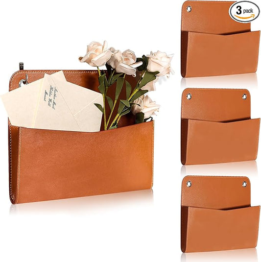3 Pcs PU Leather Mail Holder Wall Mount Brown PU Leather Letter Holder Vintage Wall File Organizer 2 Ring Binder Hanging File Holder for Decor Storage Letter Postcards Bill Flowers Office Home