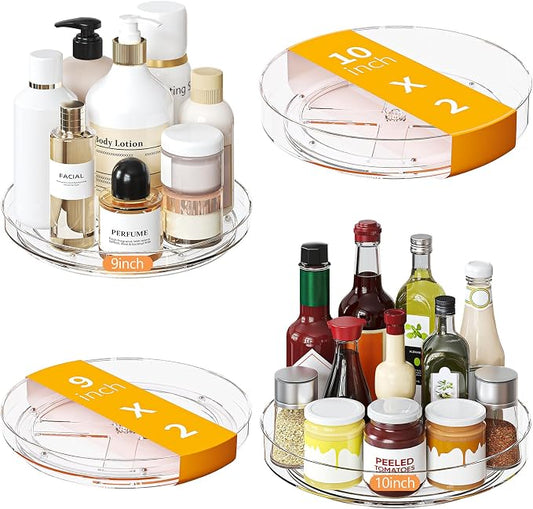 4 Pack Clear Lazy Susan, 9+10 Inch Turntable Organizer, Non-Skid Rotating Tray for Cabinet, Kitchen Pantry Organization and Storage, Acrylic Spinner for Refrigerator, Bathroom Vanity and Spice Rack