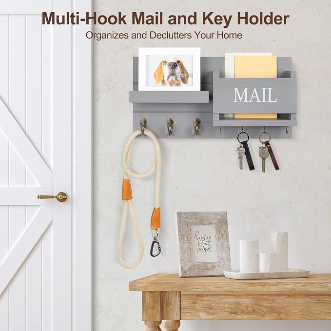 Lwenki Mail Organizer for Wall Mount – Key Holder with Shelf Includes Letter Holder and Hooks for Hallway Farmhouse Decor – Rustic Wood with Flush Mounting Hardware (16.5” x 9.1” x 3.4”) (Gray)