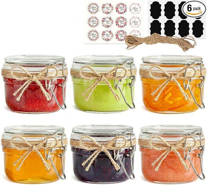 Mini Jam Jars, 4oz Small Glass Jars with Airtight Lids (Set of 6), Leakproof Mason Jars with Gift Labels & Hemp Rope, Straight-Sided for Homemade Preserves, Honey, DIY Crafting, Wedding Favors
