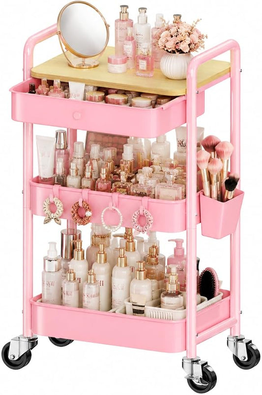 3 Tier Pink Rolling Cart with Drawer for Makeup Storage, Metal Utility Cart with Wheels, Make up Shelf Hair/Lash/Nail Polish/Skincare/Perfume Organizer, Floor Storage Vanity Carts for Bathroom,Salon