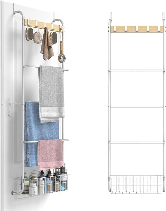 Over The Door Towel Rack,5-Tier Over Door Towel Racks for Bathroom,Towel Rack with Hooks and Basket Door Hanging,Blanket Ladder for Living Room White