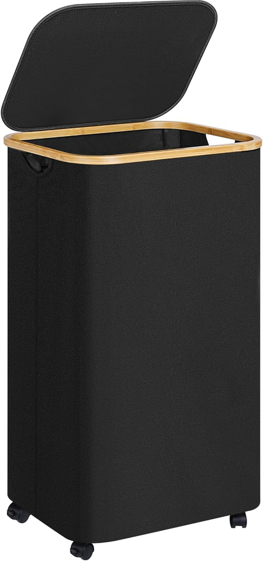 Laundry Basket with Wheels,100L Hampers for Laundry,Black Large Laundry Hamper with Lid and Bamboo Handles,Collapsible & Waterproof Tall Cloth Hamper for Dormitory Family