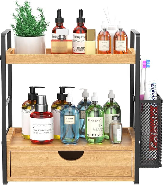 LEMIKKLE Bathroom Counter Organizer with Drawer and Basket,Wood Countertop Organizer for Bathroom Decor Makeup Tray for Perfume Skincare Bedroom Kitchen Corner
