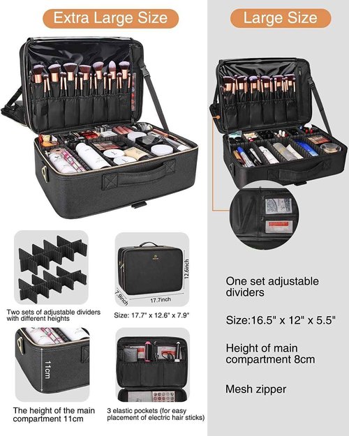 Relavel Extra Large Makeup Bag, Makeup Case Professional Makeup Artist Kit Train Case Travel Cosmetic Bag Brush Organizer, Waterproof Leather Material, with Adjustable Shoulder Straps and Dividers