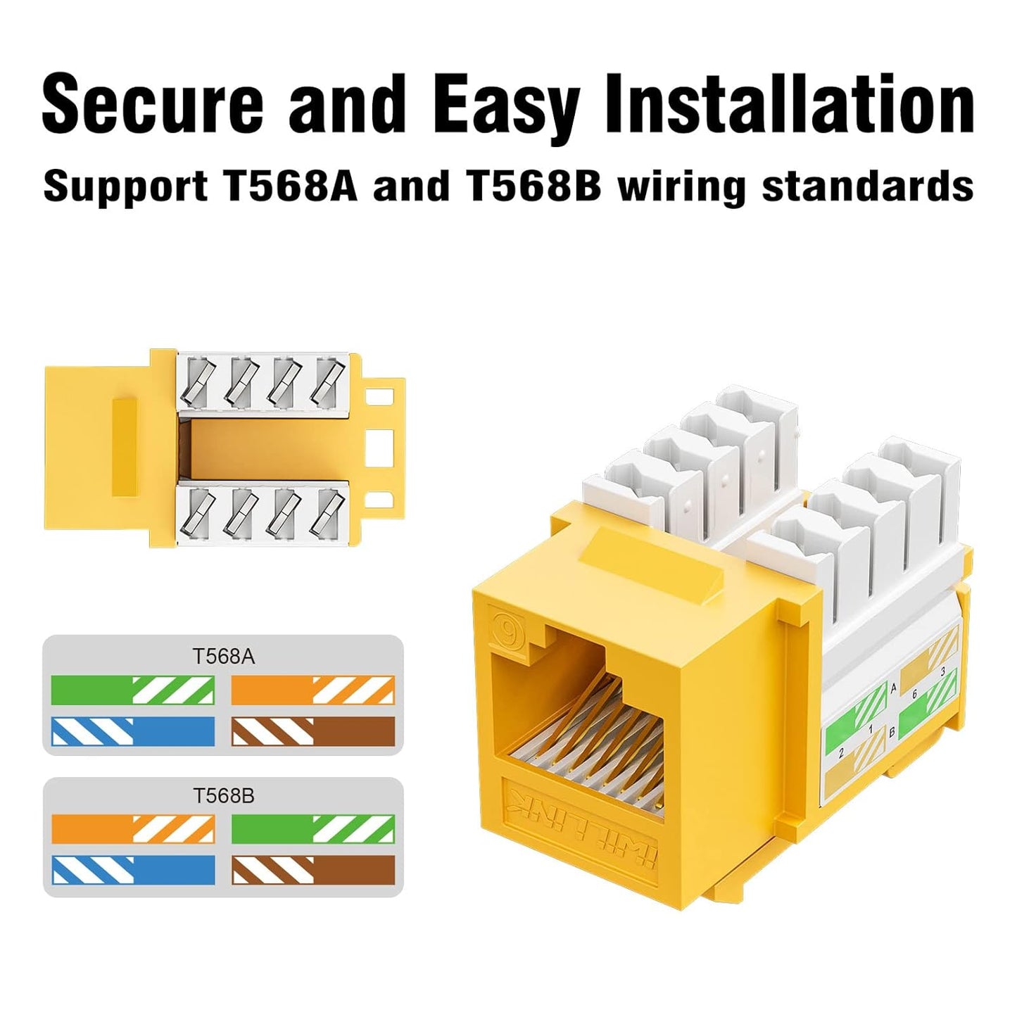 iwillink 10Gbps Cat6 Keystone Jack 10-Pack, RJ45, 90-Degree Ethernet Coupler, Punch Down Adapter (Yellow)